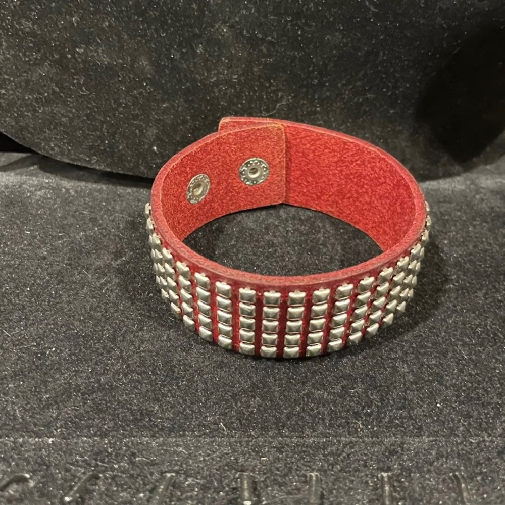 Genuine Leather Adjustable Cuff Bracelet; Brown/Red with silver studs